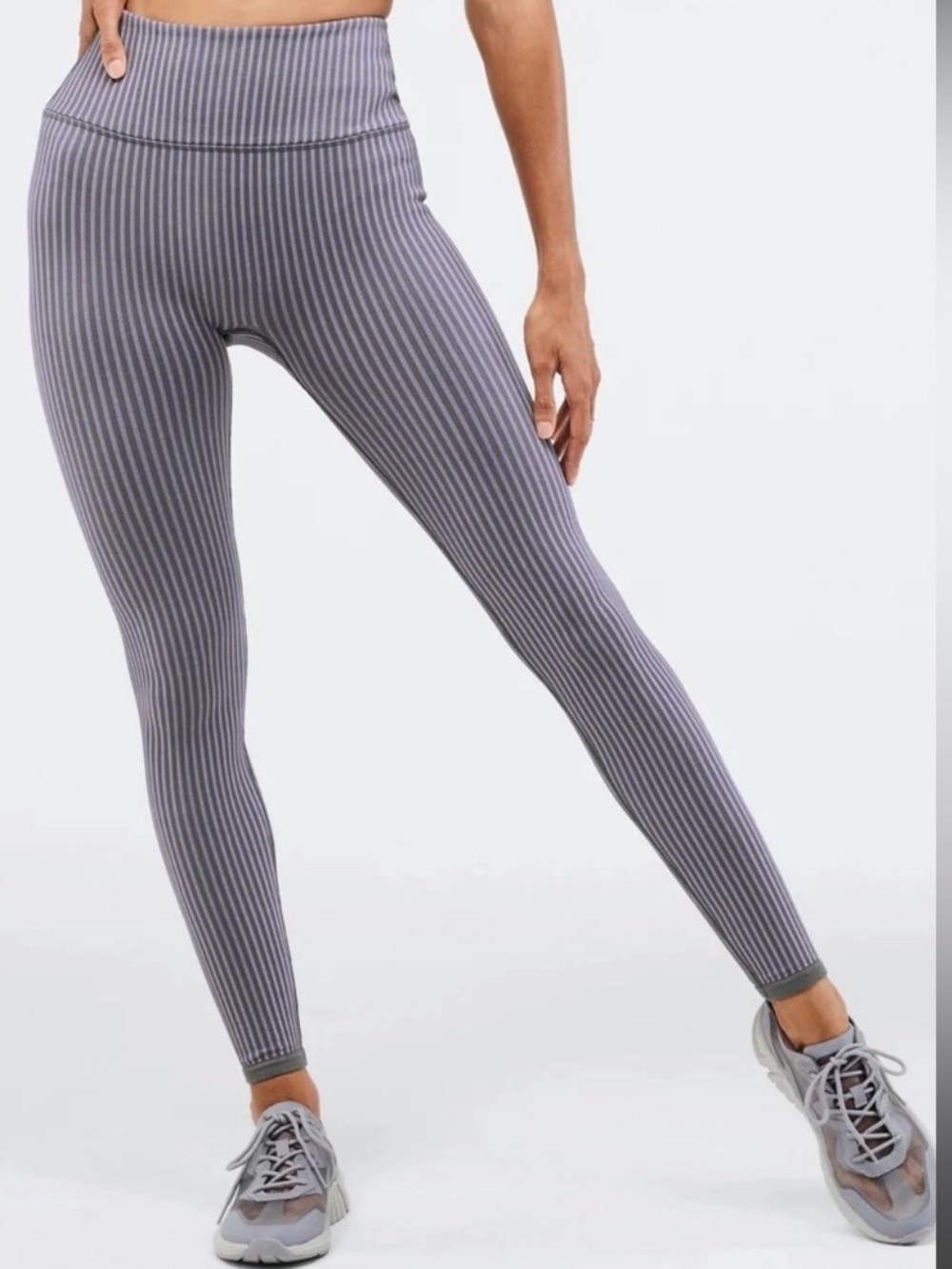 Fabletics Ribbed Vertical Stripe Gray Purple Leggings